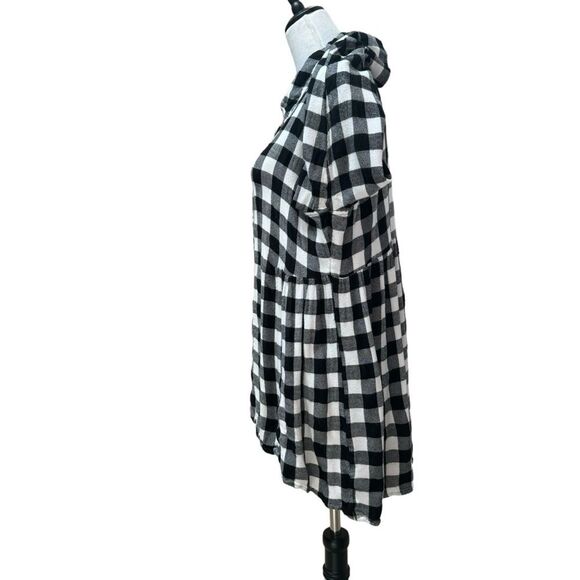 Buffalo Plaid Black White Button Down Long Sleeve Shirt Dress‎ - Picture 2 of 8